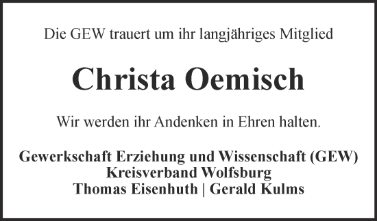 Traueranzeige von Christa Oemisch 