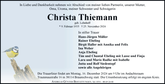 Traueranzeige von Christa Thiemann von Salzgitter-Zeitung