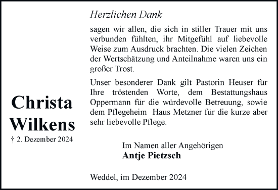 Traueranzeige von Christa Wilkens von Wolfenbütteler Zeitung