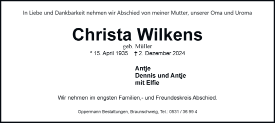 Traueranzeige von Christa Wilkens von Wolfenbütteler Zeitung