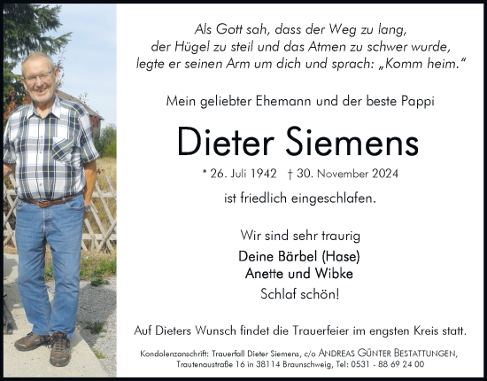 Traueranzeige von Dieter Siemens 