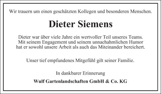 Traueranzeige von Dieter Siemens 