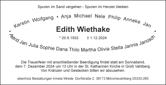 Traueranzeige von Edith Wiethake 