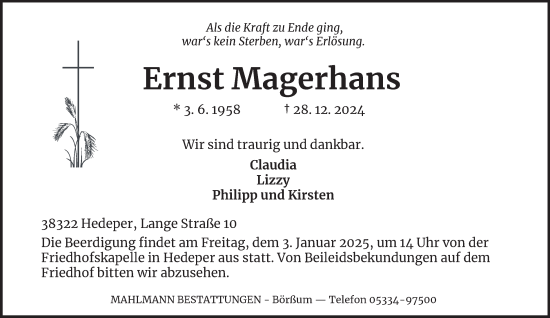 Traueranzeige von Ernst Magerhans von Wolfenbütteler Zeitung