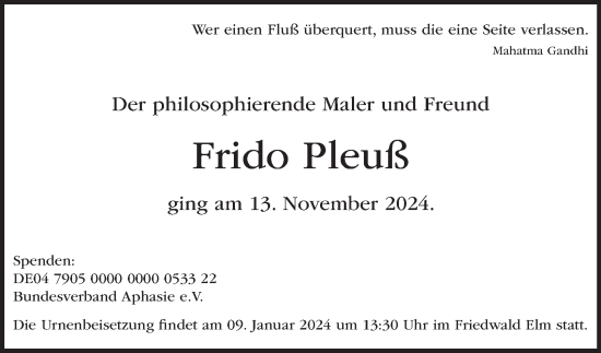 Traueranzeige von Frido Pleuß 