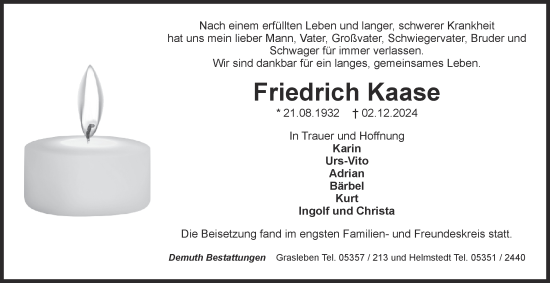 Traueranzeige von Friedrich Kaase von Helmstedter Nachrichten