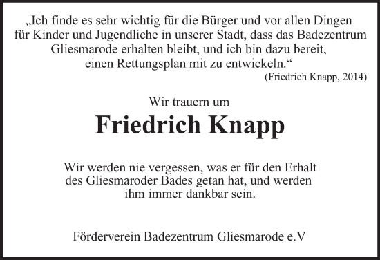 Traueranzeige von Friedrich Knapp 