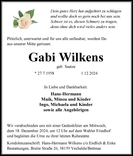 Traueranzeige von Gabi Wilkens von Peiner Nachrichten