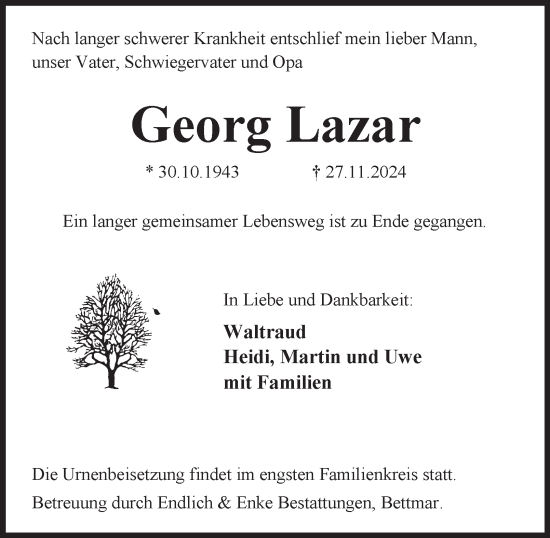 Traueranzeige von Georg Lazar von Peiner Nachrichten