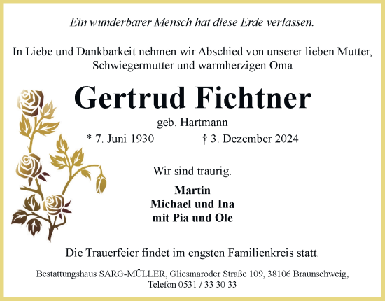 Traueranzeige von Gertrud Fichtner 