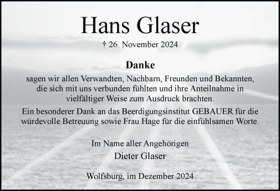 Traueranzeige von Hans Glaser 