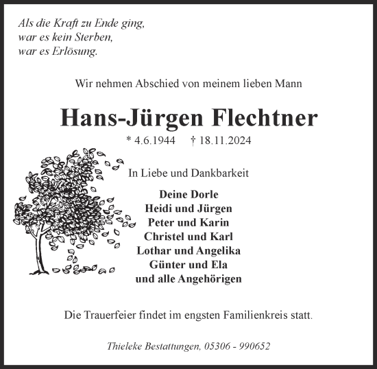 Traueranzeige von Hans-Jürgen Flechtner von Wolfenbütteler Zeitung