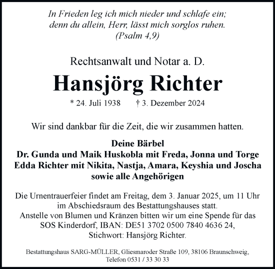 Traueranzeige von Hansjörg Richter 