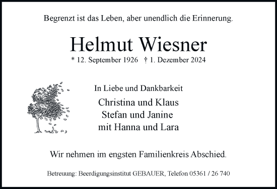 Traueranzeige von Helmut Wiesner 