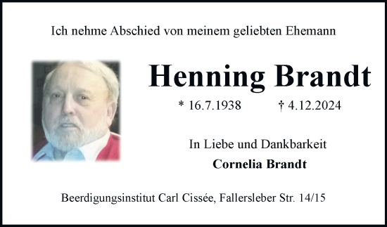 Traueranzeige von Henning Brandt 