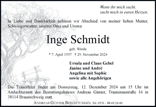 Traueranzeige von Inge Schmidt 