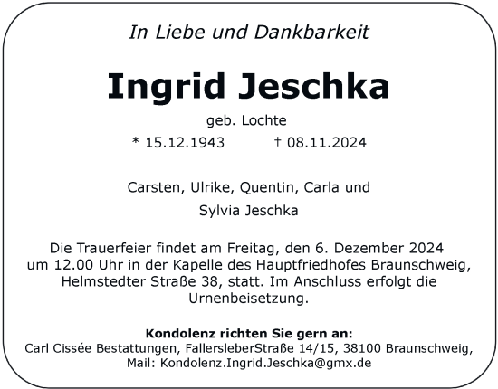 Traueranzeige von Ingrid Jeschka 