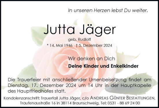 Traueranzeige von Jutta Jäger 