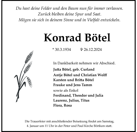 Traueranzeige von Konrad Bötel von Wolfenbütteler Zeitung