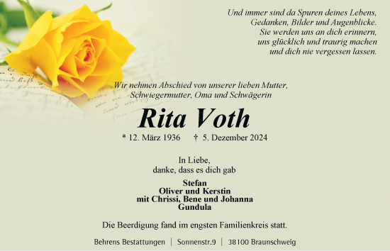 Traueranzeige von Rita Voth 