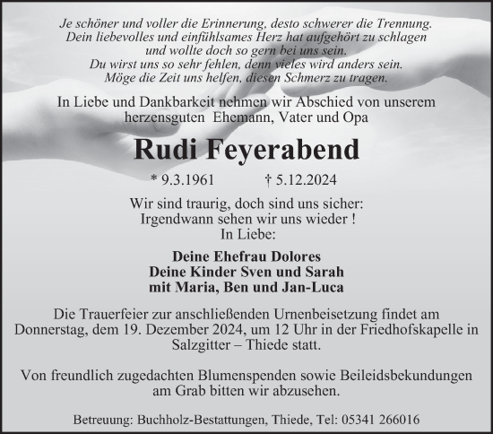 Traueranzeige von Rudi Feyerabend von Salzgitter-Zeitung, Wolfenbütteler Zeitung