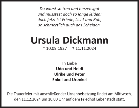 Traueranzeige von Ursula Dickmann von Salzgitter-Zeitung