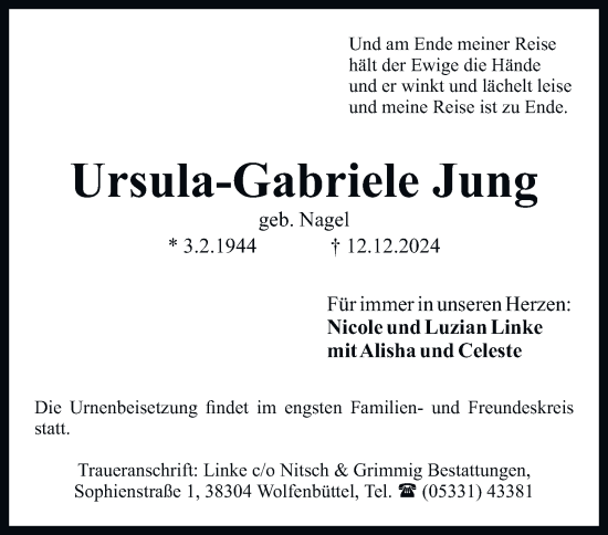 Traueranzeige von Ursula-Gabriele Jung von Wolfenbütteler Zeitung