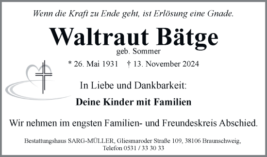 Traueranzeige von Waltraut Bätge von Wolfenbütteler Zeitung