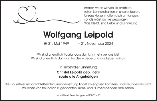 Traueranzeige von Wolfgang Leipold 