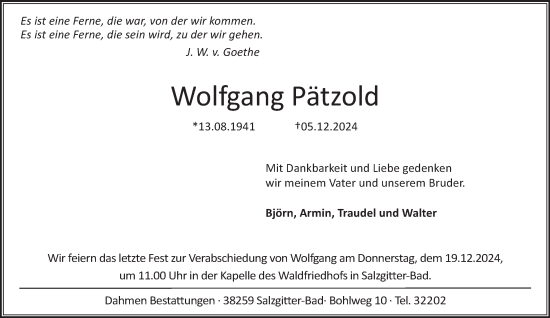 Traueranzeige von Wolfgang Pätzold von Salzgitter-Zeitung