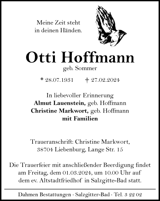 Traueranzeige von Otti Hoffmann von Salzgitter-Zeitung