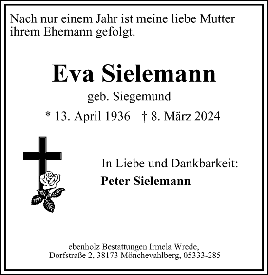 Traueranzeige von Eva Sielemann von Wolfenbütteler Zeitung
