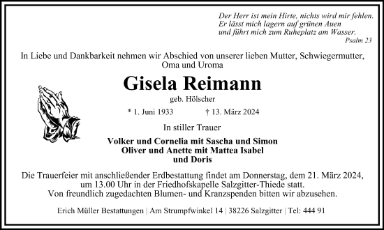 Traueranzeige von Gisela Reimann von Salzgitter-Zeitung