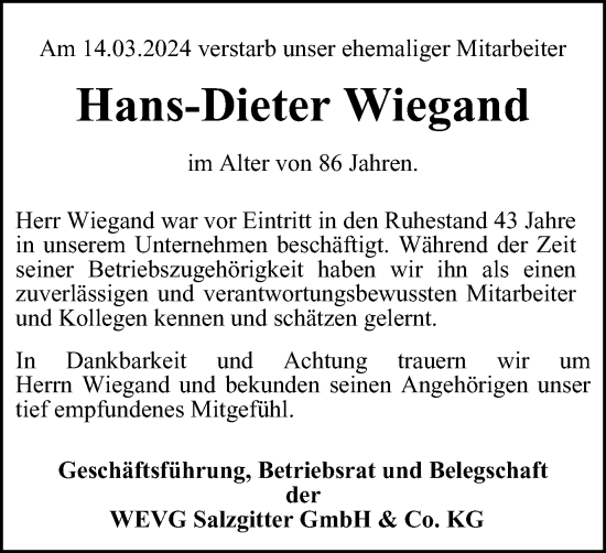 Traueranzeige von Hans-Dieter Wiegand von Salzgitter-Zeitung
