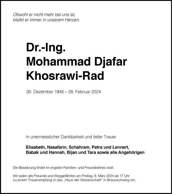 Traueranzeige von Mohammad Djafar Khosrawi-Rad von Braunschweiger Zeitung