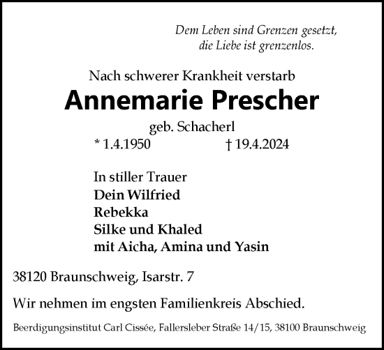 Traueranzeige von Annemarie Prescher von Braunschweiger Zeitung