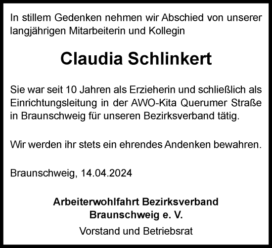 Traueranzeige von Claudia Schlinkert von Braunschweiger Zeitung