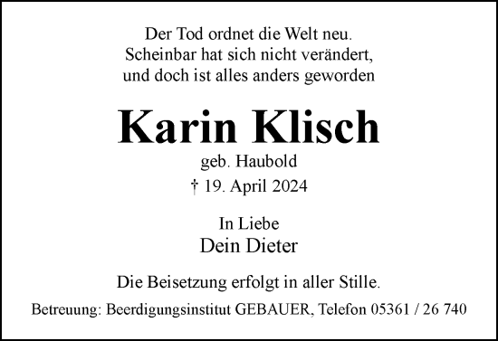 Traueranzeige von Karin Klisch von Wolfsburger Nachrichten
