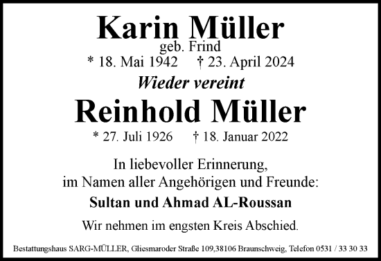 Traueranzeige von Karin und Reinhold Müller von Braunschweiger Zeitung