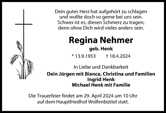 Traueranzeige von Regina Nehmer von Wolfenbütteler Zeitung