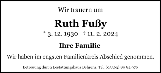 Traueranzeige von Ruth Fußy von Wolfsburger Nachrichten