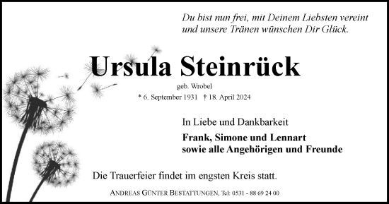 Traueranzeige von Ursula Steinrück von Braunschweiger Zeitung
