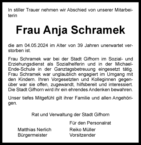 Traueranzeige von Anja Schramek von Wolfsburger Nachrichten