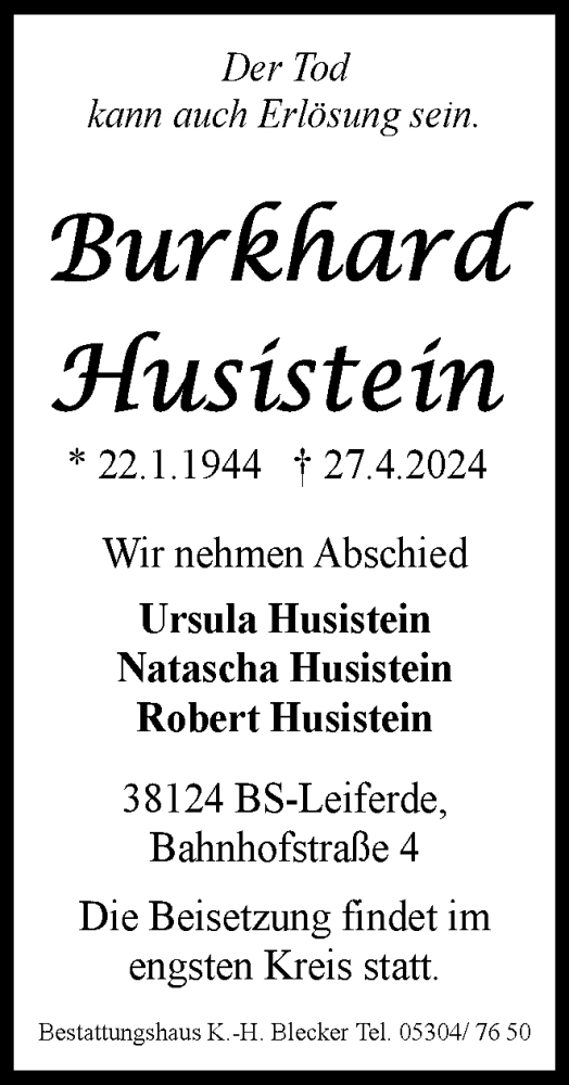 Traueranzeige von Burkhard Husistein von Braunschweiger Zeitung