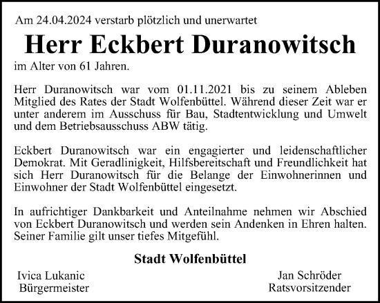 Traueranzeige von Eckbert Duranowitsch von Wolfenbütteler Zeitung