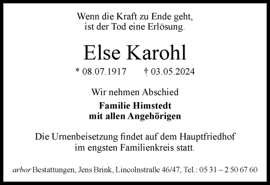 Traueranzeige von Else Karohl von Braunschweiger Zeitung