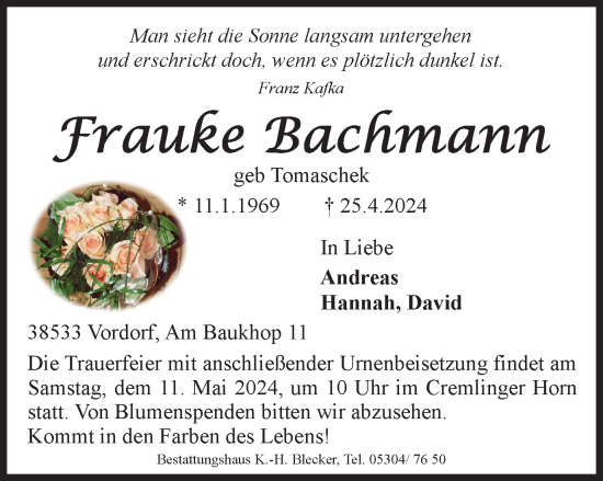 Traueranzeige von Frauke Bachmann von Braunschweiger Zeitung