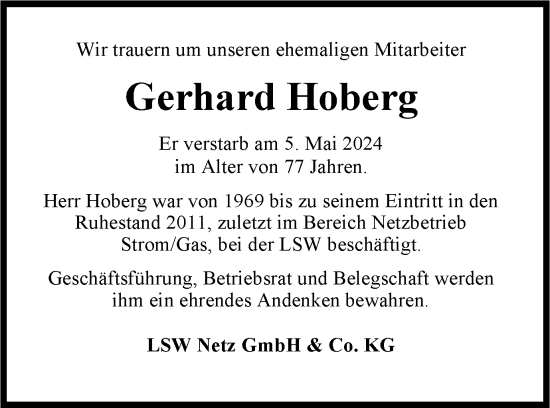 Traueranzeige von Gerhard Hoberg von Wolfenbütteler Zeitung