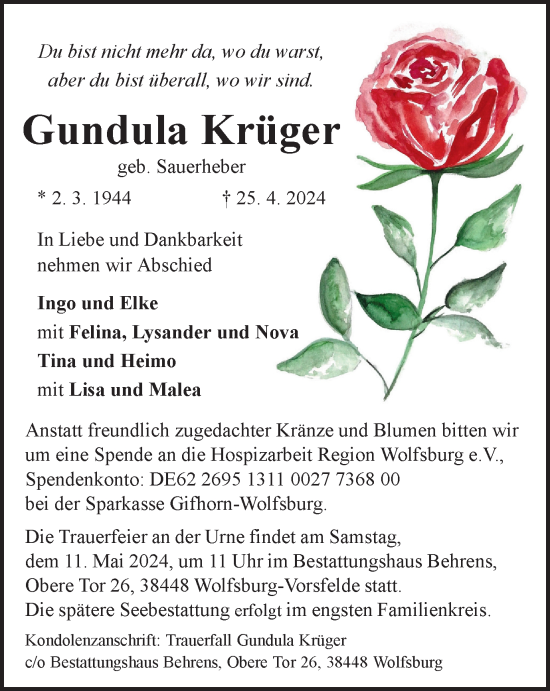 Traueranzeige von Gundula Krüger von Wolfsburger Nachrichten