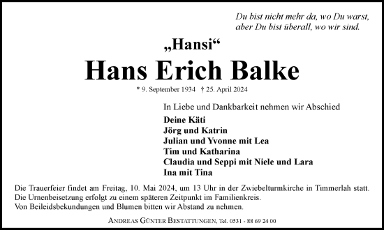 Traueranzeige von Hans Erich Balke von Braunschweiger Zeitung